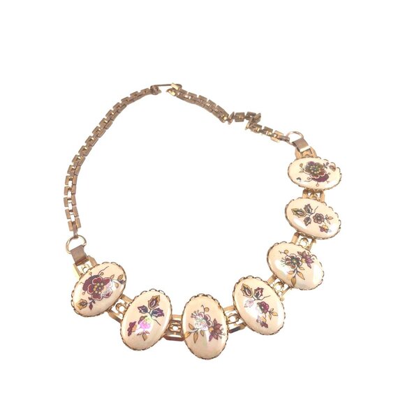 Floral Hand Painted Irredescent Porcelain Panel Necklace With Gold-Tone Chain - Picture 6 of 8